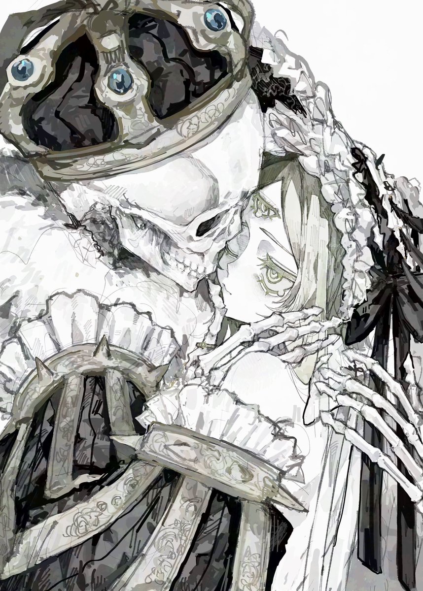 a black and white illustration of a skeleton king with a crown holding a queen. the king is dressed in a royal robe and the queen in a white gown. the image is set against a white background. the king and queen are looking at each other and it looks like they're embracing each other. the image is drawn in a sketchy style.