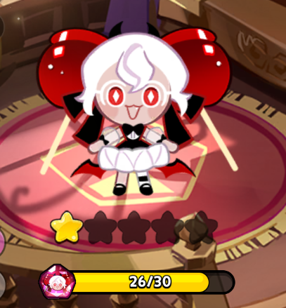 a character from cookie run kingdom, specifically licorice cookie in a sea fairy costume, is shown. the character is displayed above a row of stars, indicating a rating, with one star filled and three empty. below the stars is a progress bar showing 26 out of 30. the character stands on a patterned pink mat with a golden border.