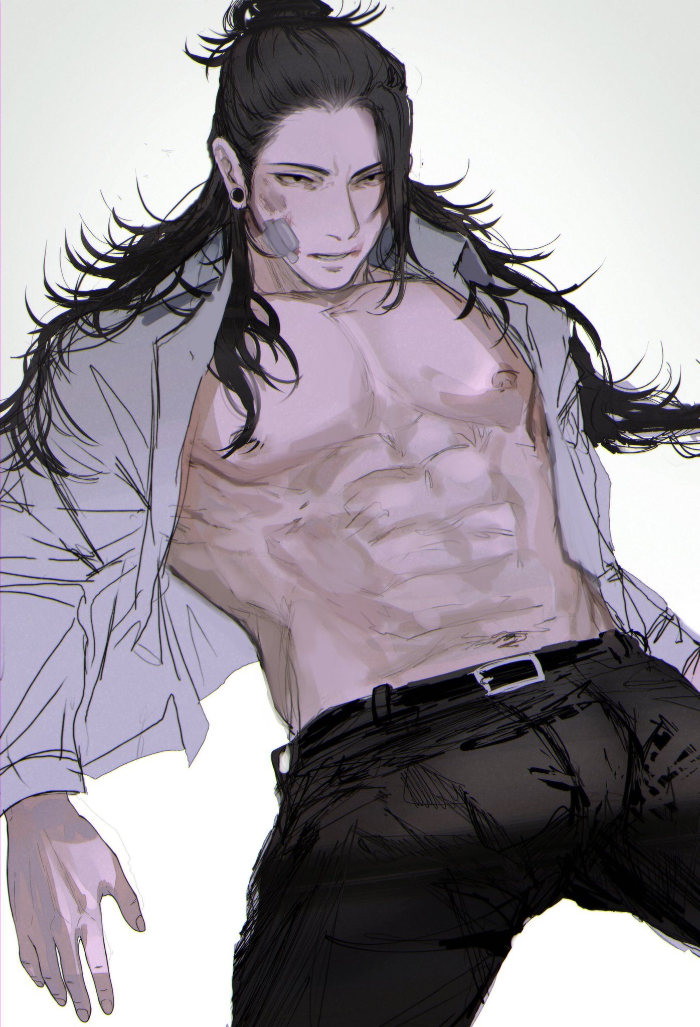 a drawing of a shirtless man with long black hair tied up in a bun, he is wearing black pants and a white shirt that's open and hanging off his shoulders, he is looking at the viewer with a blank expression, the art style is anime and manga.