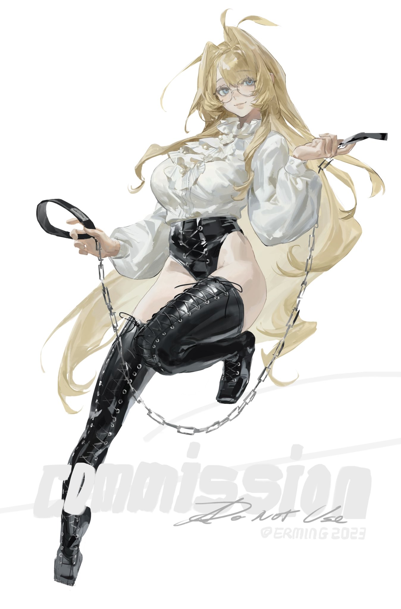 this artwork shows a blonde anime girl with long hair, wearing glasses, a white shirt, black leather pants, and black boots. she's holding a leash connected to a chain in her right hand and looking at the camera with a confident expression. the background is white, creating a clean and minimalist look for the image. the artwork is digitally created and portrays a stylish and confident anime character.