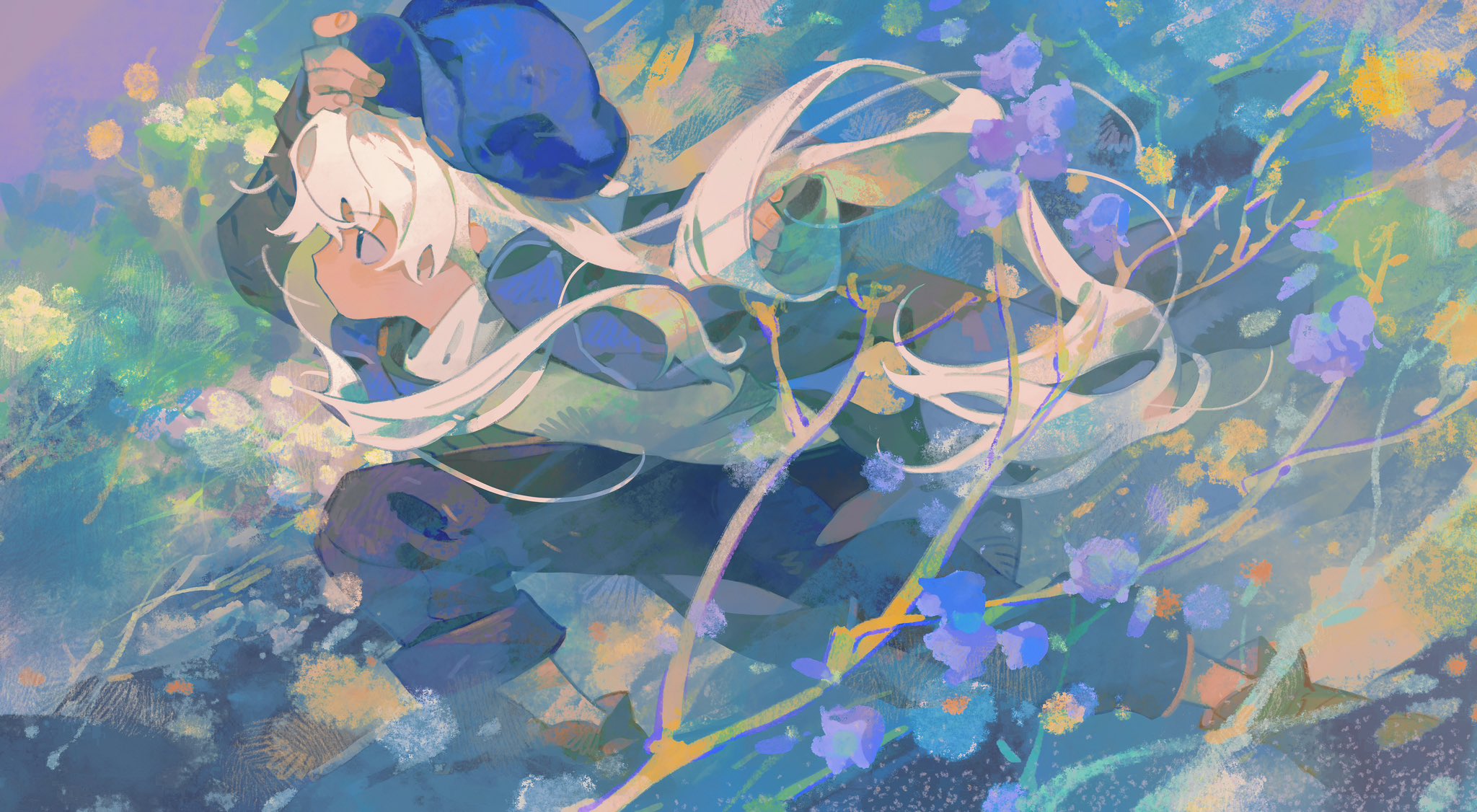 the image shows a young girl with flowing white hair and a blue hat, running through a field of blue and purple flowers. the wind whips her hair and clothes around her as she moves, creating a sense of dynamism and action. the overall color scheme is predominantly blue and purple, giving the image a dreamlike and ethereal quality.