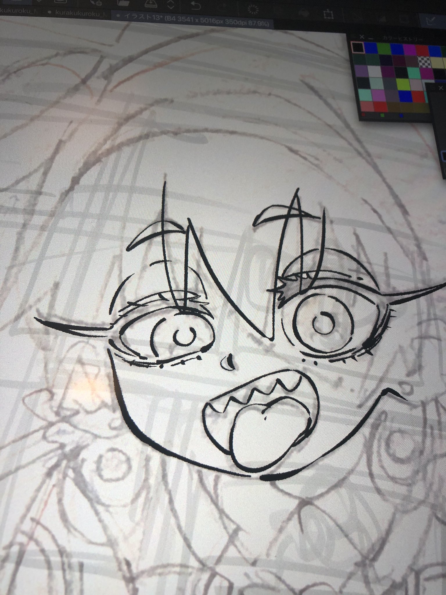 a black and white digital sketch of a female anime character with large eyes, an open mouth, and her tongue sticking out.  she has an exaggerated, slightly manic expression. the sketch appears to be in progress, with some faint guidelines still visible.