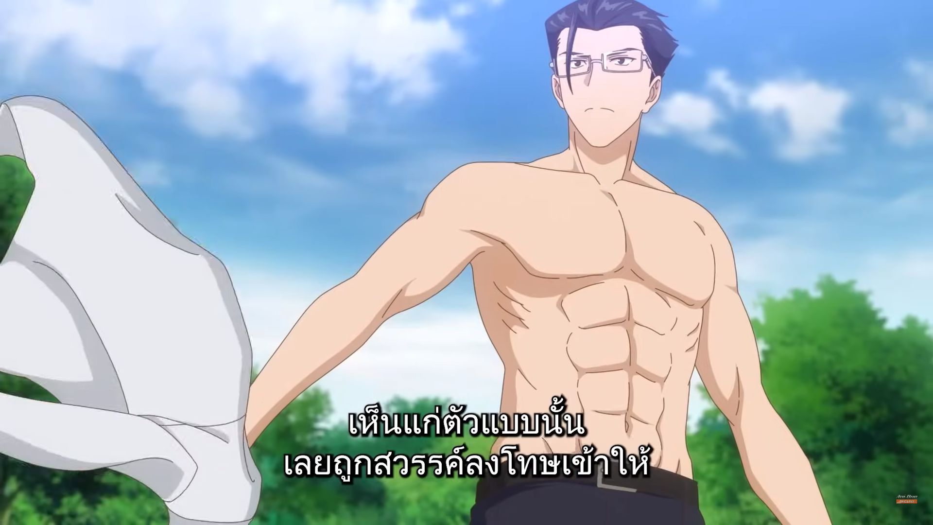 the image showcases a shirtless, muscular anime man standing in a grassy field against a backdrop of a bright blue sky. the man, with short black hair and glasses, holds a white shirt in his left hand, seemingly about to put it on. he possesses a toned physique with clearly defined abdominal muscles. the scene is bathed in bright, natural sunlight, indicative of a clear day. the perspective is at eye level, providing a direct view of the character.