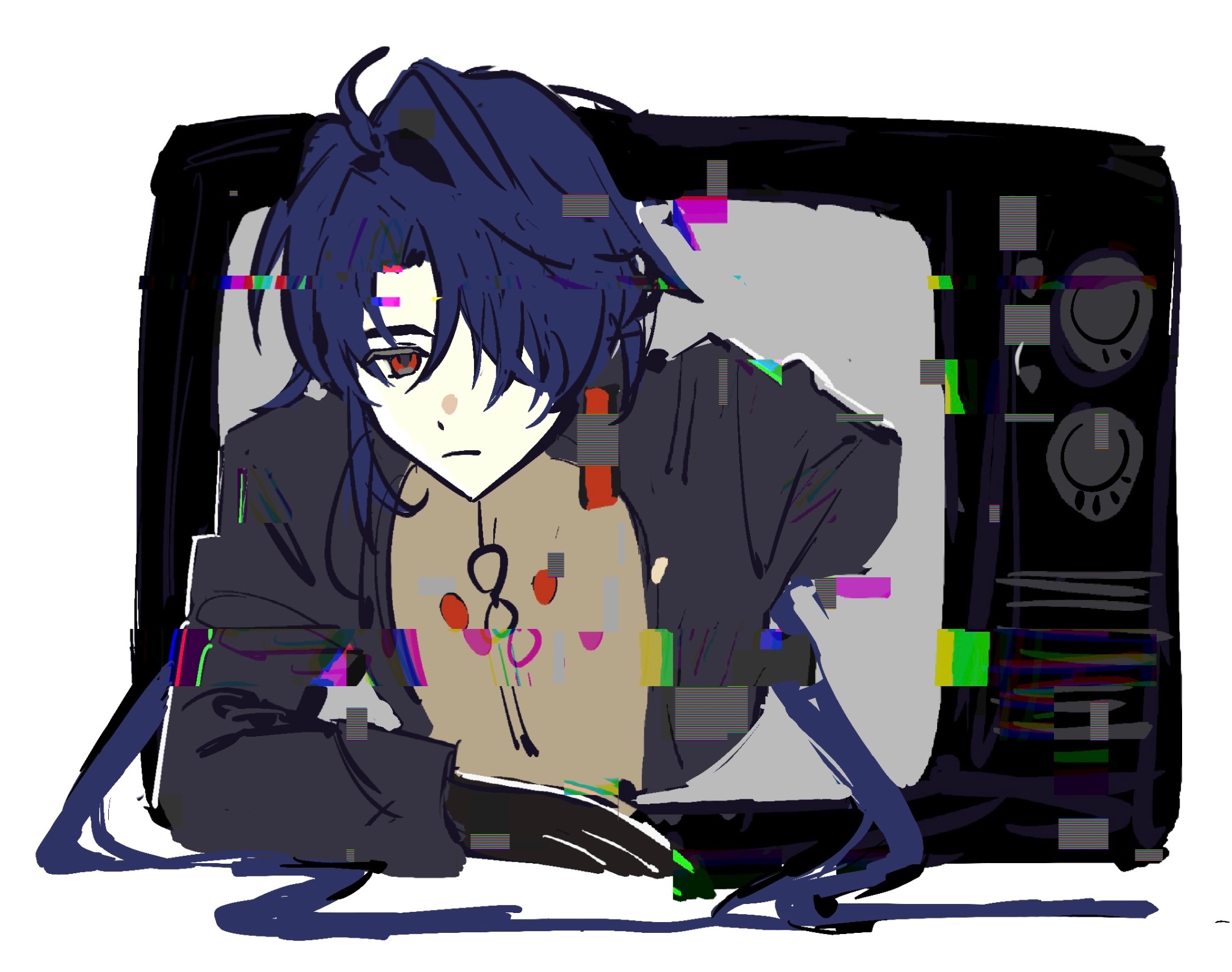 a cartoon anime man with blue hair is inside of an old television set. the screen has static and glitch effects. he has a dark jacket on and looks sad.