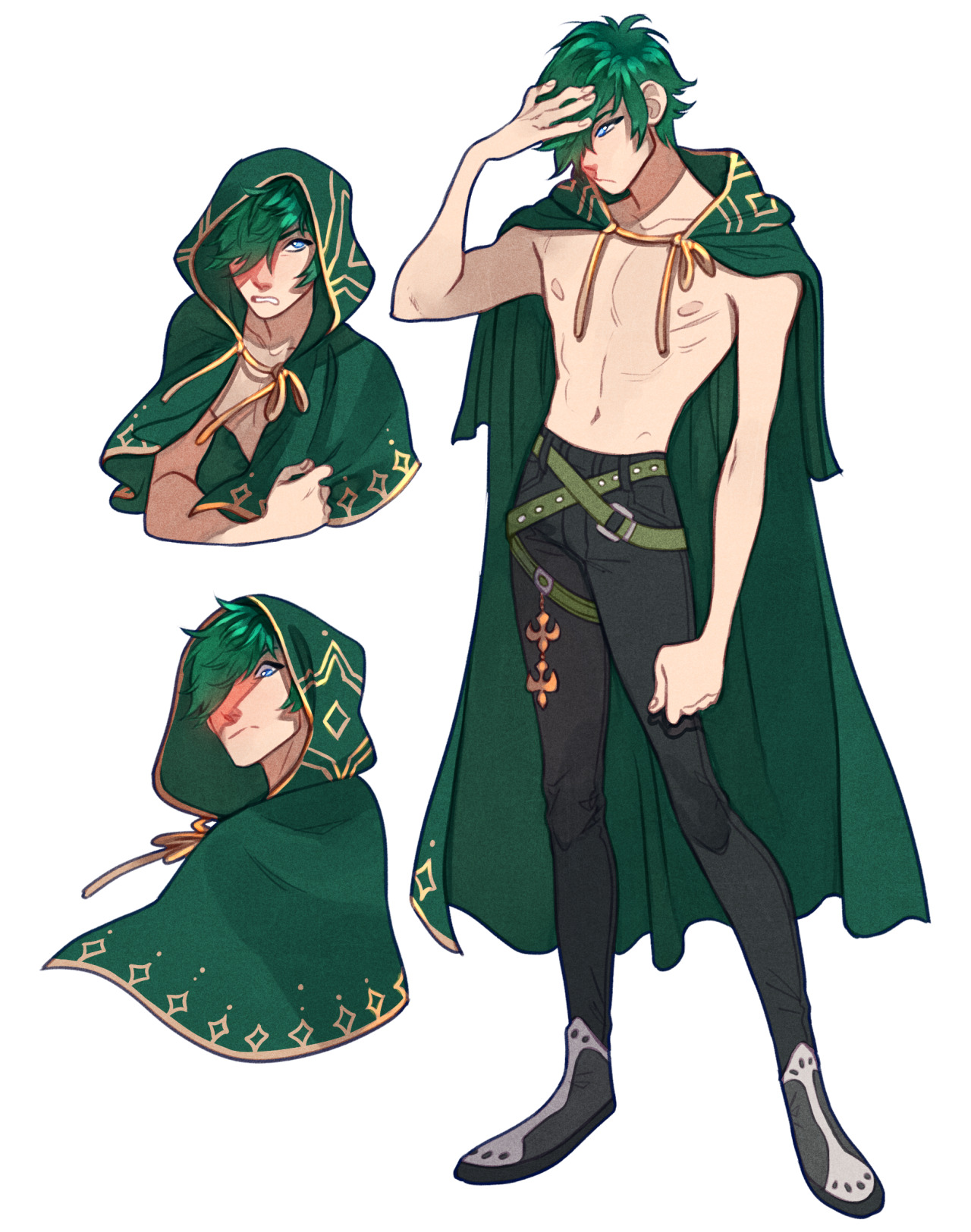the image showcases a character design of a young man, likely an elf or ranger, with vibrant green hair and piercing blue eyes. he's clad in a dark green hooded cloak adorned with gold details, and black pants held by a brown leather belt. he's shirtless, revealing scars across his chest. the art style is semirealistic, leaning towards a stylized comic book aesthetic. three different views of the character are presented: a front view with the hood down, showcasing his toned physique and a hand resting on his forehead; a bust shot with the hood up, highlighting his intense expression; and another bust shot with the hood up, this time with a determined look on his face and a bandage on his cheek. the background is a clean white, putting all the focus on the character design.