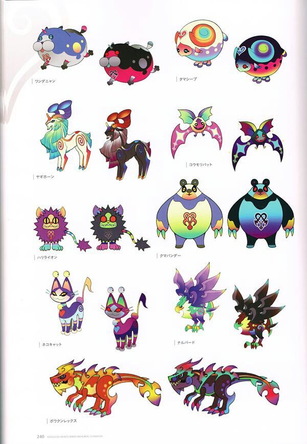 the image is a page from a book or magazine featuring concept art illustrations of various fantasy creatures. the creatures include round, hamsterlike beings, horned animals, bats, lionlike creatures, pandas, cats, birdlike dragons, and long, dragonlike beings. each creature has a unique design and color scheme. the names of the creatures are written in japanese alongside their respective illustrations.