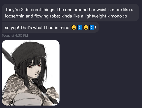this image contains a text message mentioning a "loose/thin and flowing robe; kinda like a lightweight kimono" and a drawing of a woman with tattoos, wearing what looks like a robe.