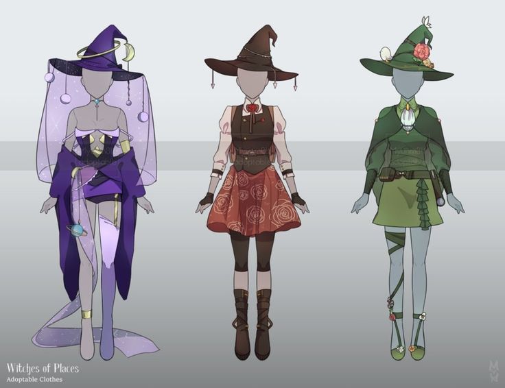 the image showcases three distinct witch outfit designs against a light grey backdrop. each outfit features a unique witch's hat and incorporates thematic elements. the leftmost design, "celestial witch," boasts a purple, blue, and gold color scheme with celestial motifs like stars, moons, and a planet.  the central figure, "steampunk witch," presents a reddishbrown ensemble with a more mechanical aesthetic, including gears and buckles.  lastly, the rightmost "nature witch"  dons a green outfit adorned with flowers, leaves, and vines, reflecting a connection to nature.
