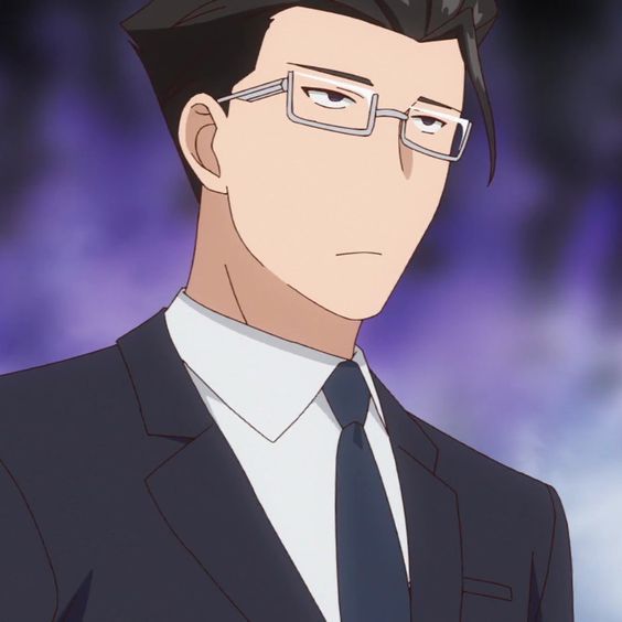 an anime character with short, dark hair and glasses. he is wearing a dark suit, white shirt, and a dark blue tie. he has a serious expression on his face. the background is purple and out of focus.