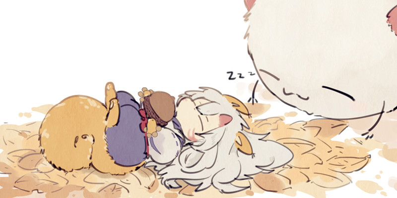 this is a cartoon image of three animals sleeping on the ground. the character on the left is a brown animal with large ears and a tail. in the middle is a white animal with gray hair and long, pointy ears, holding a brown acorn. the third animal is a large, white, furry animal that is standing up with its tail curled over its back, looking down at the two sleeping animals. the ground they are on is covered in autumn leaves, some of which are brown and some of which are orange.