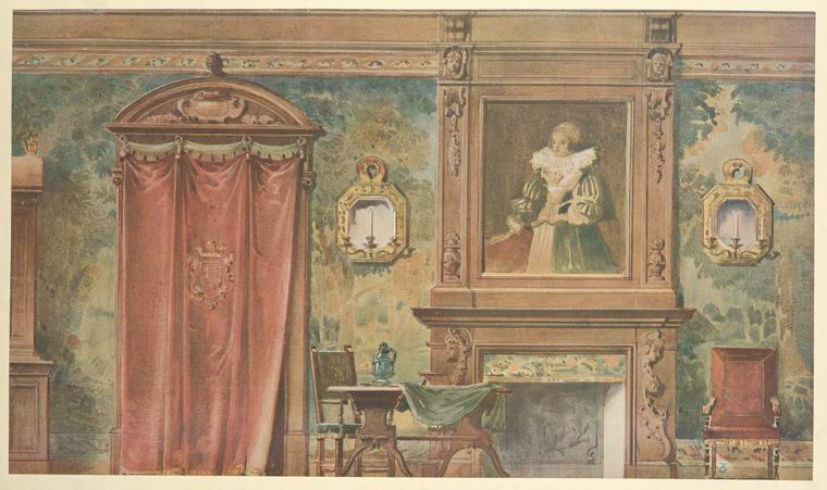 the image shows an interior of a room decorated in an oldfashioned style. there is a fireplace with a portrait hanging above it, curtains on the left side, a table and chairs in the center, and sconces on the wall. the room is richly decorated with detailed carvings and paintings, creating a vintage and ornate atmosphere.
