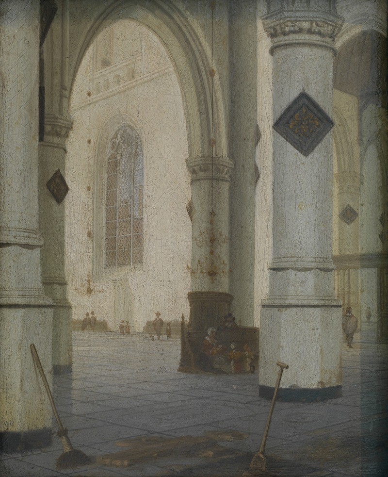 the image is a painting depicting the interior of a church. the architecture features grand columns and arches, with tall windows allowing light to enter. several people are present in the scene, some seated in pews while others stand or walk about. two brooms lean against the columns, suggesting cleaning or maintenance is underway. the floor is composed of tiles, with a damp patch indicating recent cleaning. the painting captures the spaciousness and solemn atmosphere of the church interior.