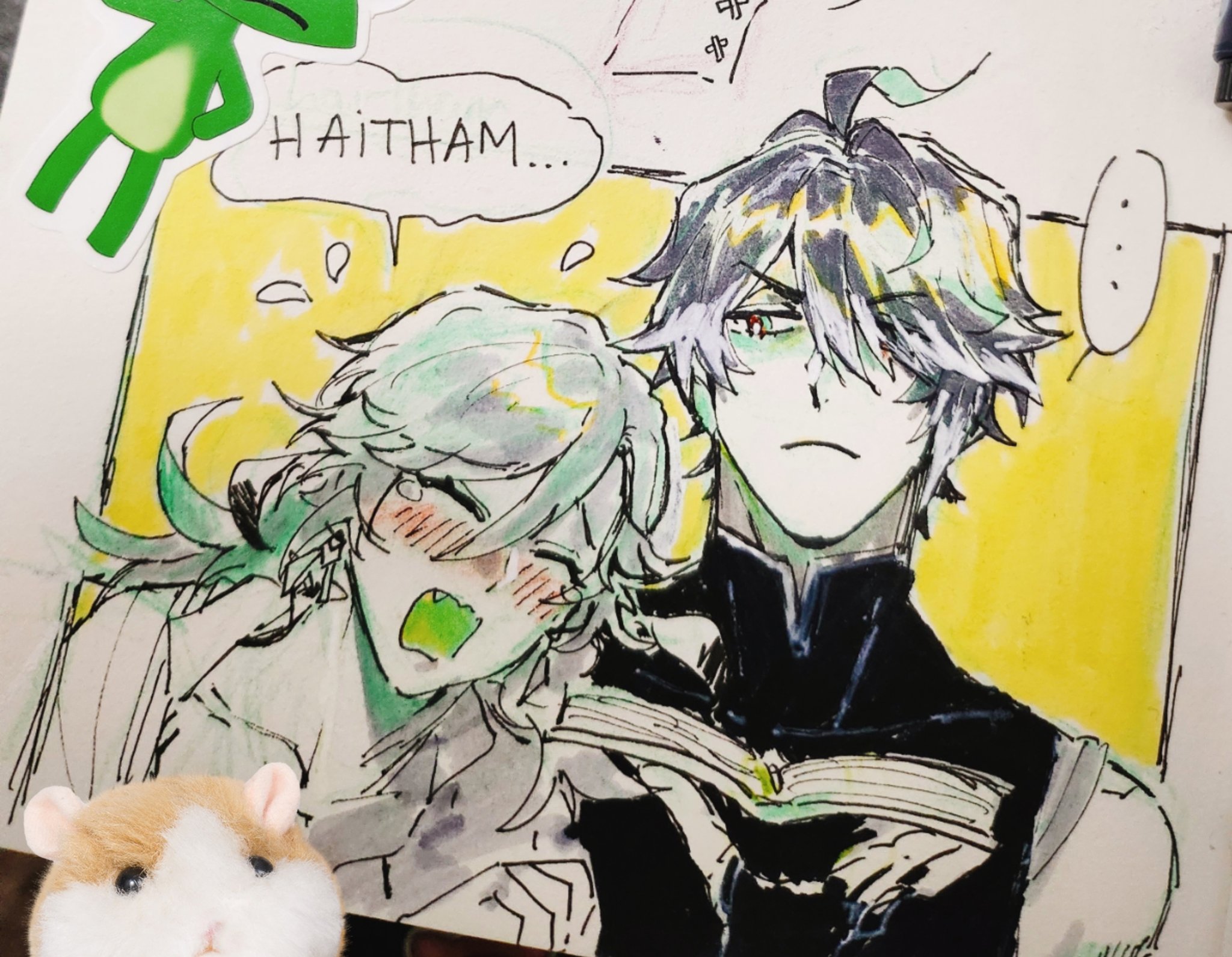 this is a fanmade drawing of kaveh and haitham from the video game genshin impact. kaveh is blushing and looks flustered while haitham appears to be giving a playful look. it appears to be a scene depicting a moment of affection between them. the drawing has a lighthearted and comedic tone. it's drawn in a style that mimics the visual style of the game.