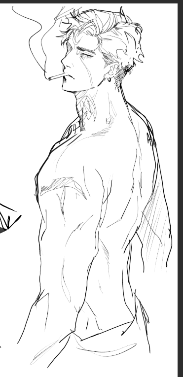 a black and white drawing of a man's side profile. he is smoking a cigarette and has a pensive expression on his face. he appears to be wearing a tank top. the drawing is done in a sketchy style.