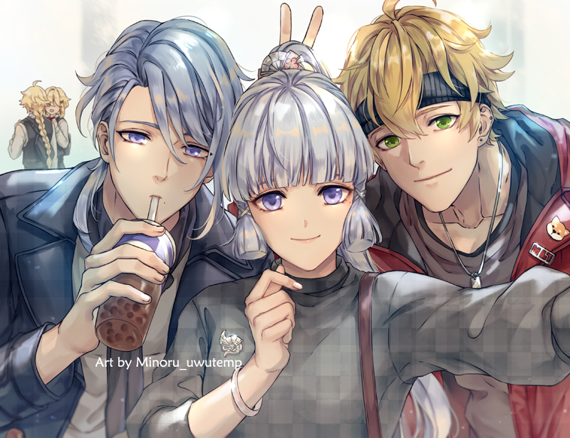 the image shows three anime characters taking a selfie,  two boys and one girl. the two boys are standing on either side of the girl, who is in the center of the image. they are all smiling and seem to be having a good time. the boy on the left is wearing a black leather jacket and is holding a bubble tea. the boy on the right is wearing a red jacket with a grey hoodie underneath. the girl is wearing a black checkered sweater. all three characters have different colored hair and eyes. the background is blurred, suggesting that they are outside.