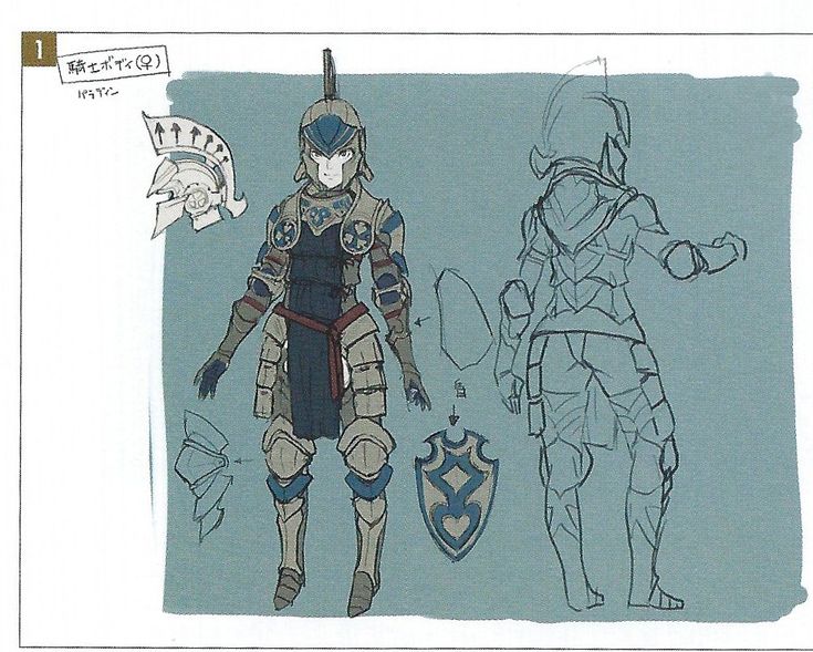 this image shows concept art of a female knight character.  the artwork includes a detailed front view of the character in full armor, including a helmet with a crest, a shield with a unique design, and various armor pieces such as greaves and pauldrons.  a less detailed sketch showing the back view of the armor is also present.  the art style is reminiscent of fantasy video game character design. the page also includes japanese text indicating the character's name and likely design notes.