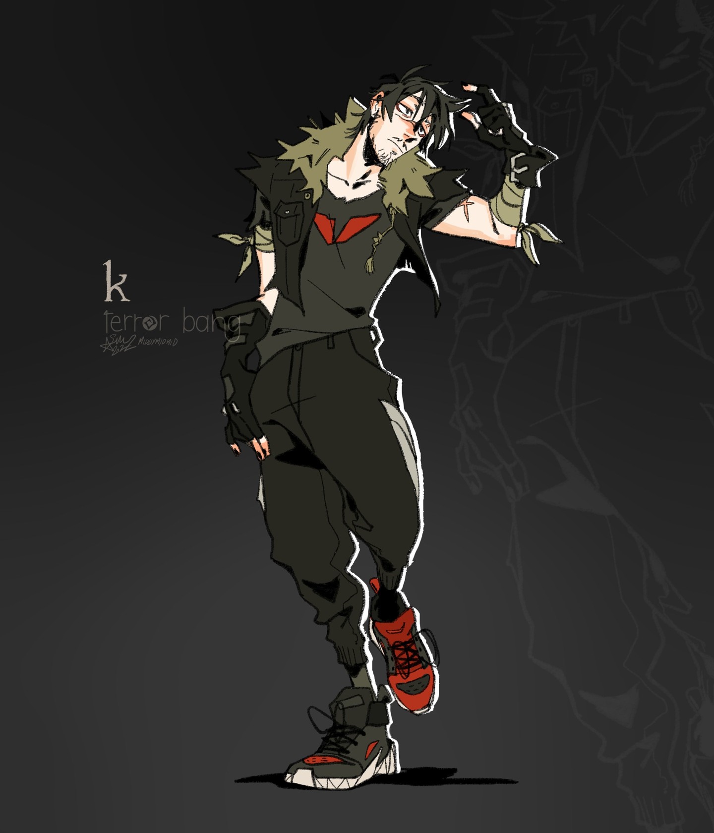 the image is a digital illustration of a stylized male anime/manga character.  he has dark hair, is wearing dark, casual clothing including a jacket with fur trim, and red and black sneakers. his pose is relaxed yet confident, one hand casually touching his hair. he appears to be young adult and has a slightly rugged look. the background features dark grayscale silhouettes suggestive of graffiti or abstract urban shapes, contrasting the character. the letter "k" is prominently displayed along with "terror bang", possibly indicating a character name or series title. the overall style is edgy and visually interesting.