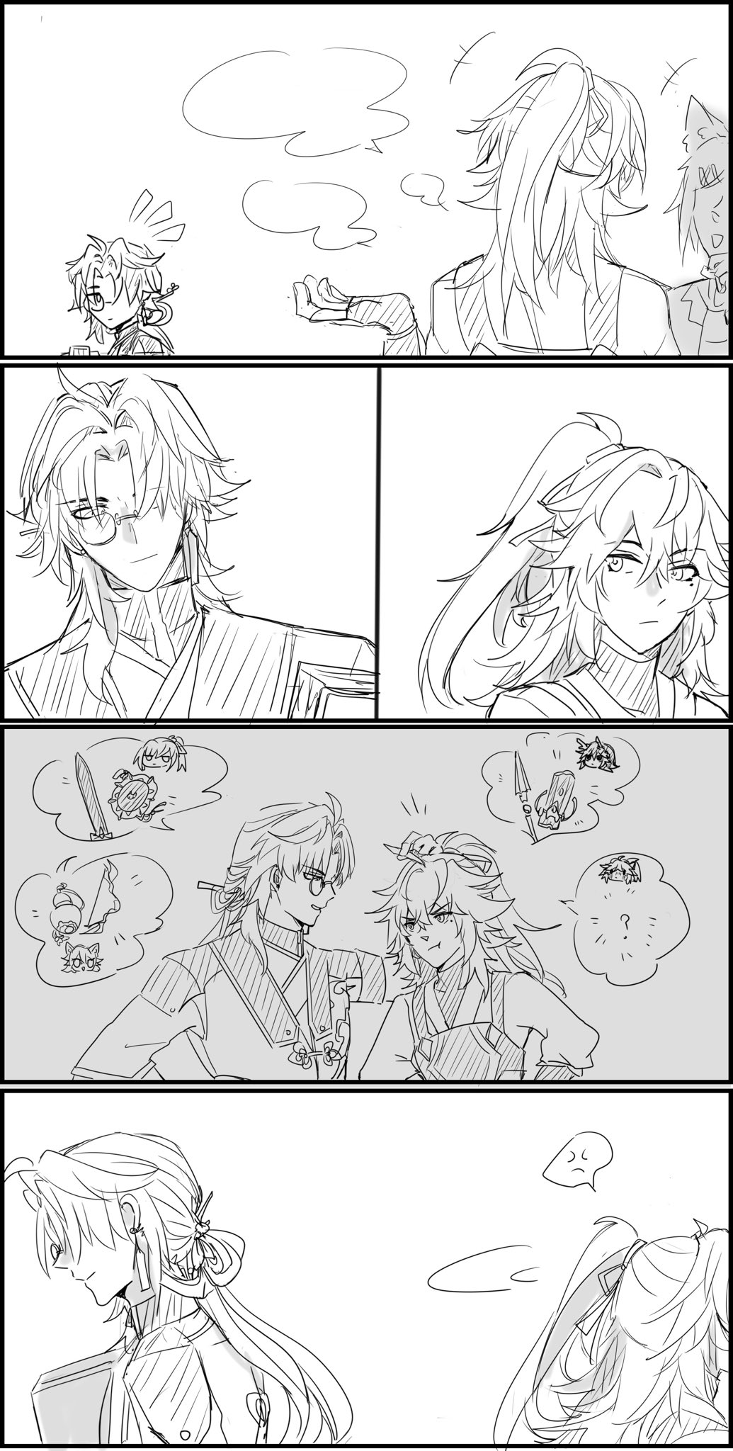 the image is a black and white manga panel that depicts a story of two couples. the top left panel shows a young man holding a sword and a woman. the top right panel shows a woman with long hair smiling. the second panel shows a man and a woman with their hands on each other's shoulders. the bottom left panel shows a woman looking at a man to the right of the panel. the bottom right panel shows the back of a woman looking at another woman who is offpanel.