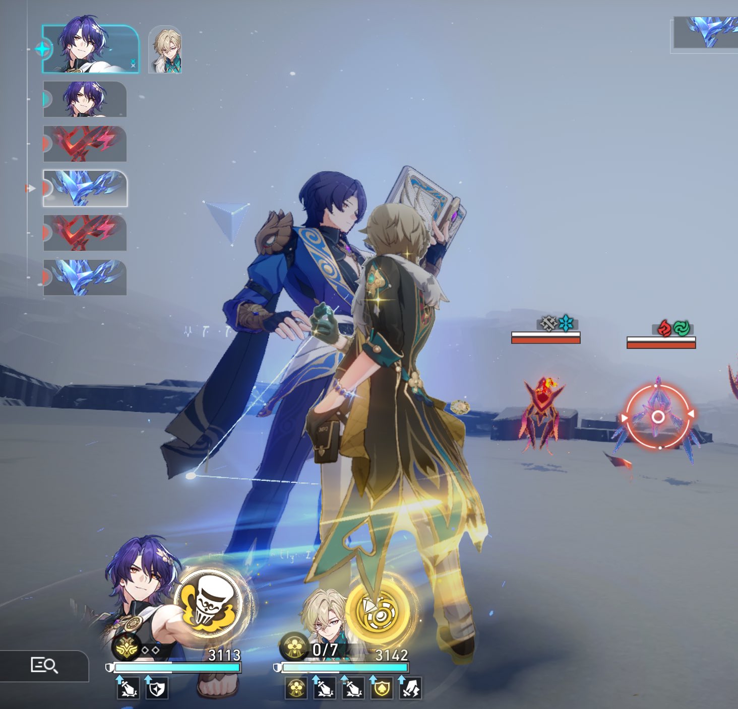 a screenshot from the video game genshin impact, showing two characters in combat against an enemy. the character on the left is a bluehaired male character, and the character on the right is a blondhaired male character. the enemy is a red and black mechanical creature. the image is taken from a firstperson perspective.