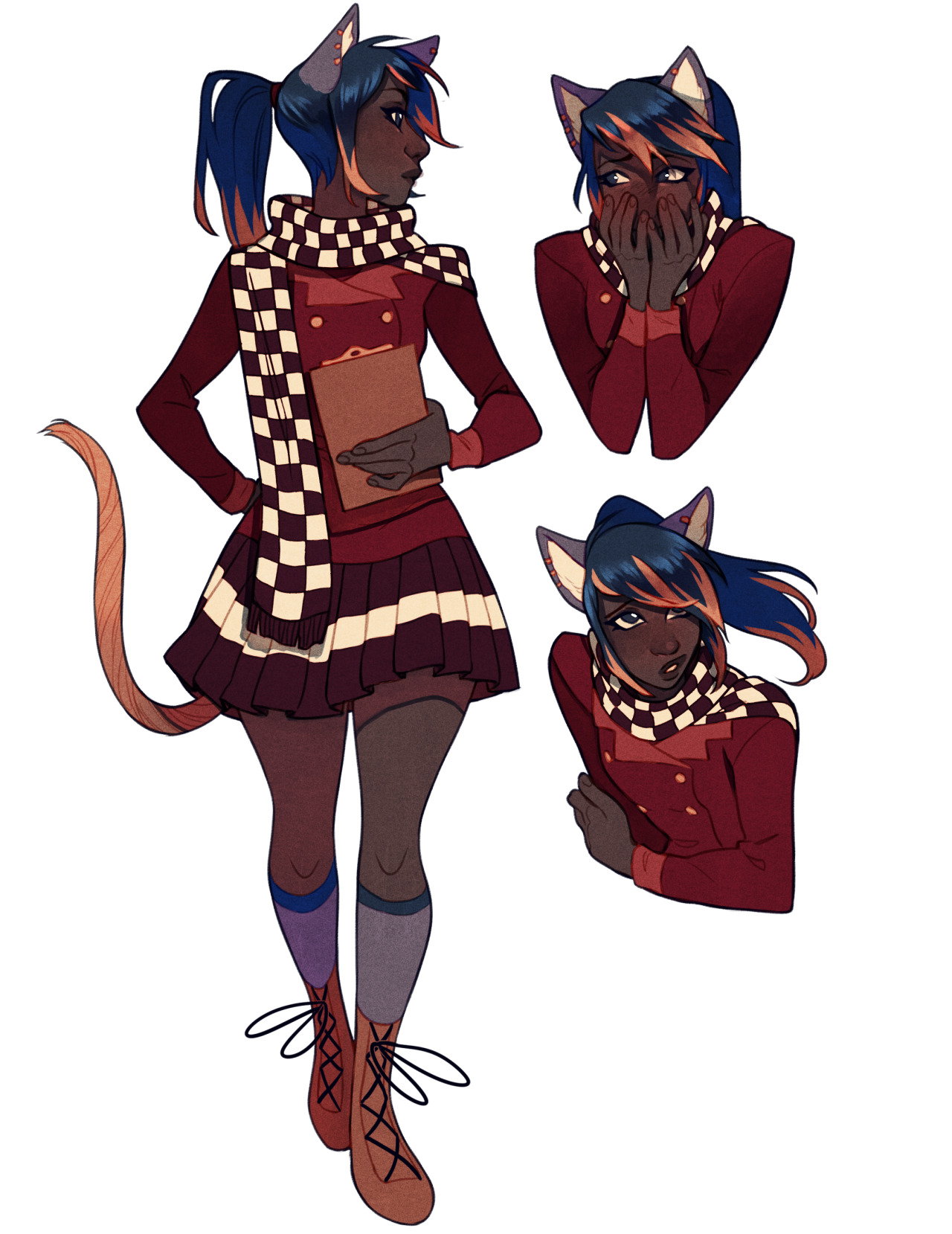 a digital illustration of a darkskinned catgirl in three different poses. she is wearing a red and black school uniforminspired outfit with a black and white checkered scarf and brown boots. she has blue and orange hair tied up in a ponytail with cat ears on top of her head. in the main pose, she is standing with a clipboard in her hand. the second pose shows her covering her face with her hands, while the third shows her looking serious with her arm crossed.