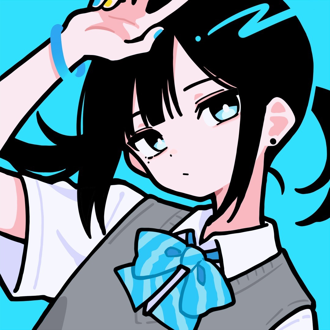 the image is a stylized illustration of an animestyle school girl. she has black hair styled in a ponytail,  is wearing a grey school vest over a white shirt, and a large, bright blue bow tie.  the girl's hand is partially covering her eyes, her expression is slightly serious. the art style is bold and graphic, utilizing flat colors and simple lines with a distinct pop art influence. the background is a bright, solid blue. the overall aesthetic is trendy and cute.