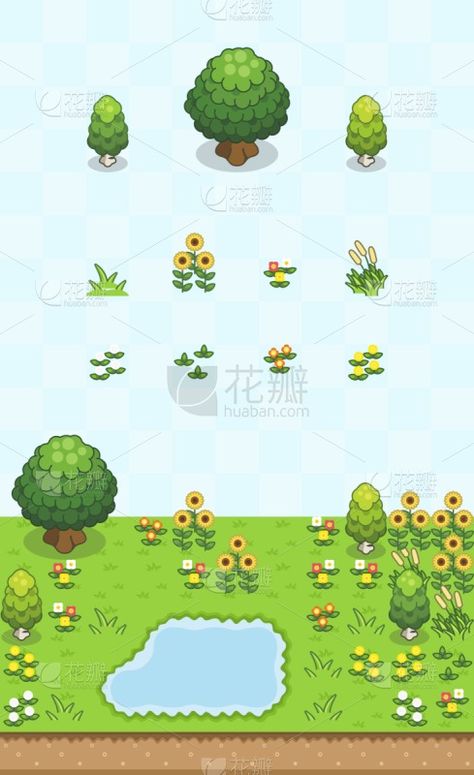 a topdown view of a game scene featuring various trees, flowers, grass patches, and a small pond. the art style is cartoony and colorful, reminiscent of classic 2d games. the color palette leans towards bright greens and yellows, creating a cheerful and inviting atmosphere.