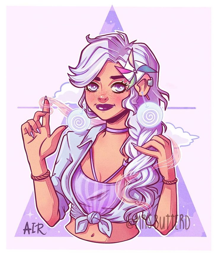 a digital illustration of an animestyle girl with white hair and purple eyes. she's wearing a white shirt and a pink top tied around her waist. she's holding her hand out as if she's summoning something. there are clouds around her, and the background is a pastel purple and pink. the girl's name is "air," and the artist's signature is in the bottom right corner.
