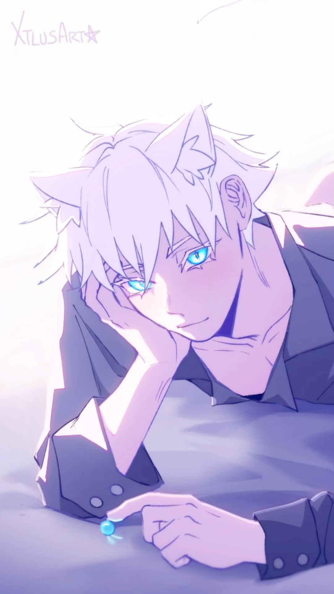 the image is a digital fanart depicting a young animestyle boy with white hair and bright blue eyes. he has catlike ears and is lying down, resting his head on his hand.  his expression is calm and serene. he's wearing a darkcolored shirt with buttons, and the overall aesthetic is soft and dreamy, with pastel purple and blue hues dominating the color palette. the lighting suggests a gentle, possibly ethereal atmosphere.  he appears to be looking at a small glowing blue object on the surface he's lying on. the artist's signature, "xtlusart," is subtly placed in the upper left corner. the style is reminiscent of manga and light novel illustrations.