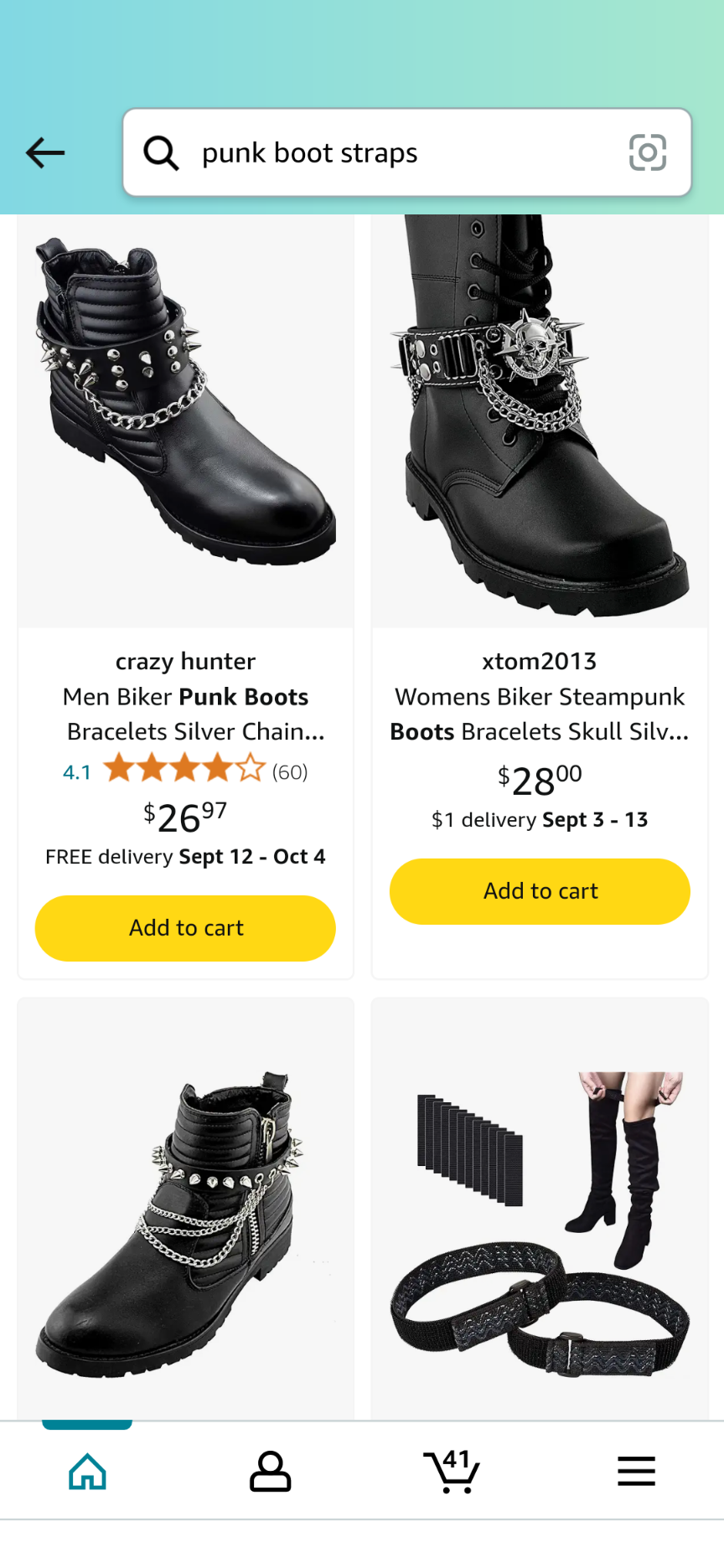 this is a screenshot of a shopping website showcasing four different punkstyle boots with unique embellishments. the boots are all black leather and have various silver chains and skull details. the website shows pricing, delivery dates, and a "add to cart" button for each item.  the boots are all styled with a punk aesthetic, featuring chains, buckles, and other embellishments. the image is cropped at the top and bottom, but shows the complete items.