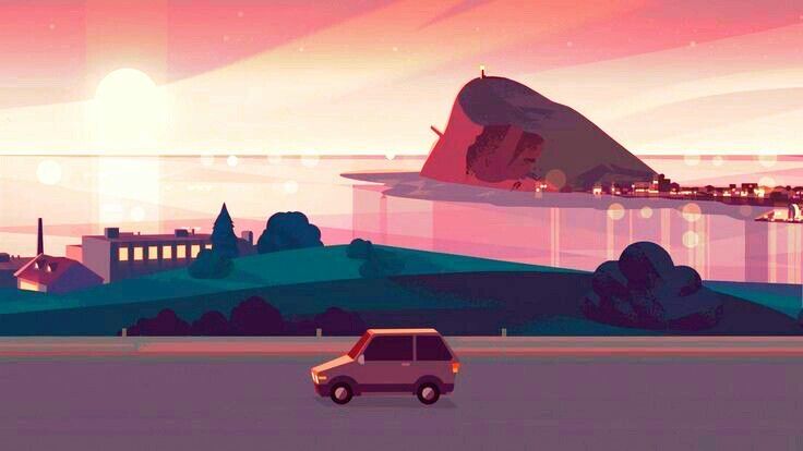 the image is a stylized illustration of a coastal town at sunset.  the scene features a calm ocean, a prominent hill in the background with a small town or village nestled near its base, and a small car driving along a road in the foreground. the overall color palette is soft and muted, with shades of pink, purple, and teal dominating. the style is reminiscent of animation or vector art, with simplified shapes and minimal detail, creating a peaceful and serene atmosphere.  the style evokes a sense of calm and tranquility. the visual style bears resemblance to the animation style of the show steven universe.