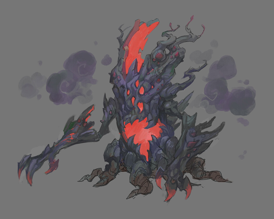the image is a digital painting or concept art depicting a fantastical creature. the creature is predominantly dark gray and purple, with a rough, rocky texture, suggesting it might be made of stone or petrified wood.  it has a central core of bright red, which seems to be glowing or burning.  the creature's limbs are gnarled and clawlike, resembling branches or roots, and it sits or crouches on the ground. wisps of purple smoke surround it, adding to its mysterious and ominous atmosphere. the overall style is dark fantasy, suggesting a creature from a gothic or dark magical setting.  the artistic style is painterly and loose, with visible brushstrokes.