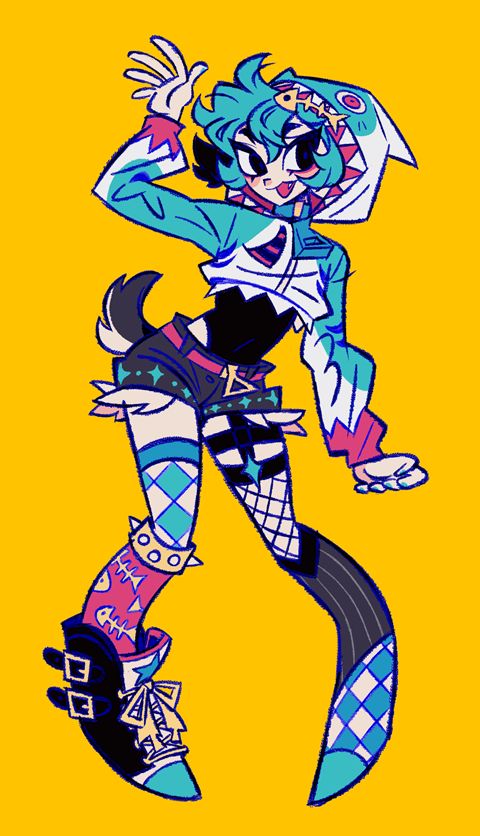 a digital illustration of a cartoon girl with green hair and a shark hoodie. she is wearing colorful clothing and accessories, including striped leggings, fishpatterned socks and a pair of black boots. the girl is posing with her left hand up in the air, while her right hand is on her hip. she has a playful expression on her face. the illustration is set against a yellow background.