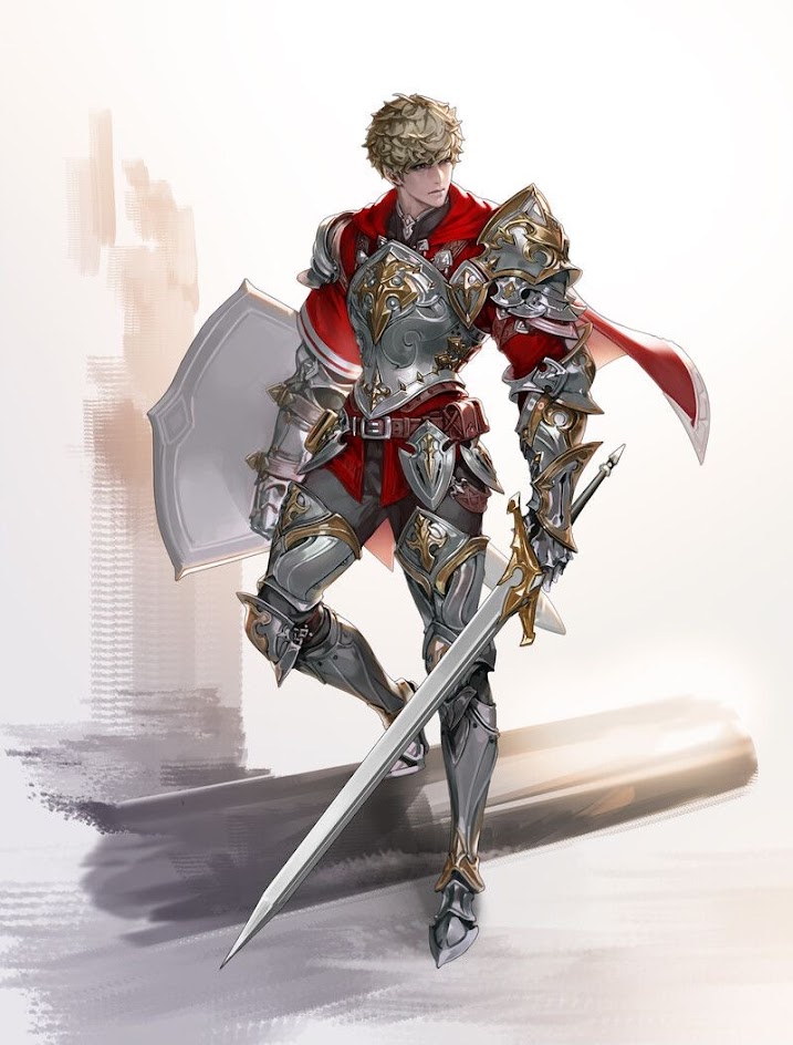 this digital artwork depicts a fantasy knight, standing with his sword raised and his shield resting at his side. he is wearing a full suit of silver armor decorated with gold accents, including a red cape with a gold trim. his hair is a light blonde, and his eyes are dark. the knight is posed against a light gray background, with an out of focus background. the lighting in the image is bright and focused on the knight.  this image is wellexecuted and detailed. the artist has captured the spirit of a heroic knight in a powerful and captivating way.