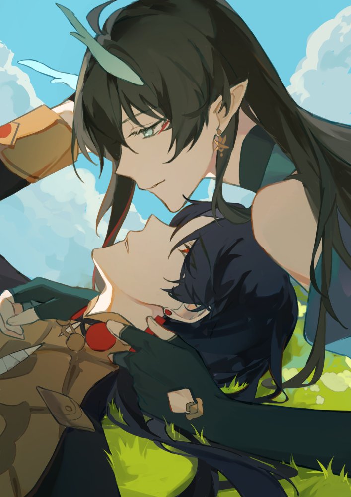 this is an illustration of two anime characters. the female character is on top of the male character. the female character has long black hair, green eyes, and horns on her head. she is wearing a green and blue outfit. the male character has long black hair and is wearing a brown outfit. they are both looking at each other with love in their eyes. the sky is blue and has white clouds in it. there is grass on the ground. the image is set against a background of sky and clouds. the image is a romantic illustration of a couple in love.