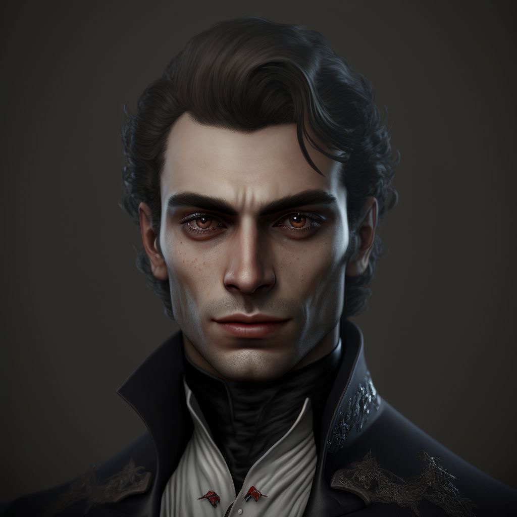 a portrait of a handsome man with dark hair and piercing eyes, wearing a black suit with a white collar. he has a serious expression on his face and is looking directly at the viewer. the lighting is dramatic, with shadows playing across his features, giving him a mysterious and brooding air. the background is a dark, solid color, which further emphasizes the subject. the man is possibly a vampire or a gothic gentleman.
