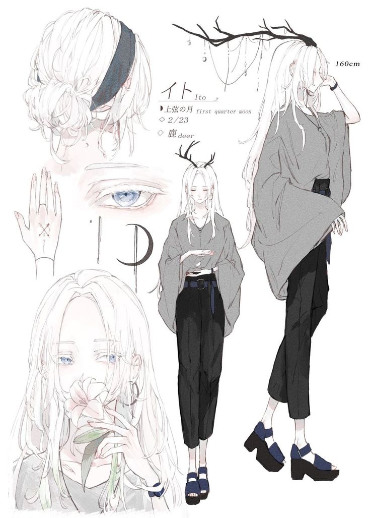 this image is a character design sheet for an animestyle female character named "ito".  the sheet includes several detailed sketches.  there's a head shot with a closeup of the eye, a hand with markings, a fullbody illustration of the character in clothing with deer antlers, and another closeup drawing of her face holding a flower. the design elements incorporate a first quarter moon, the date 2/23, and the japanese word for deer.  the character's height is indicated as 160cm. the overall style is soft, pale, and detailed.