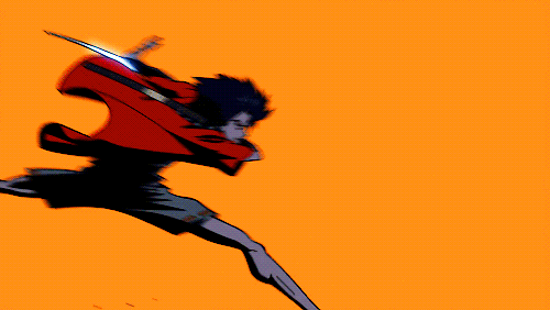 this image is a stylized illustration, likely a still or promotional artwork from the anime series "samurai champloo." it features a dynamic depiction of a samurai character running and wielding a katana.  the character is rendered in a bold, graphic style with a red jacket and dark clothing. the action is emphasized by motion blur. the background is a simple, flat orange, which contrasts sharply with the figure, making it the clear focus. the overall style is energetic and visually striking.