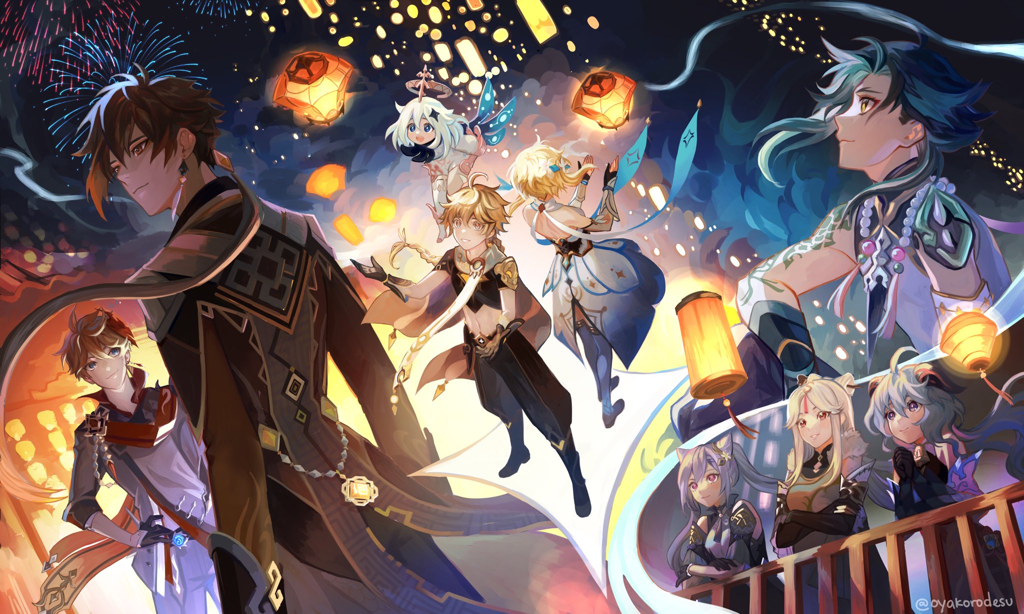 an illustration of a group of anime characters from the video game genshin impact, celebrating a festival. the characters are mostly male with one female and are wearing traditional chinese clothing, the setting appears to be an urban cityscape at night, lit by numerous lanterns and fireworks. the characters appear to be enjoying the festivities and are surrounded by a festive atmosphere.