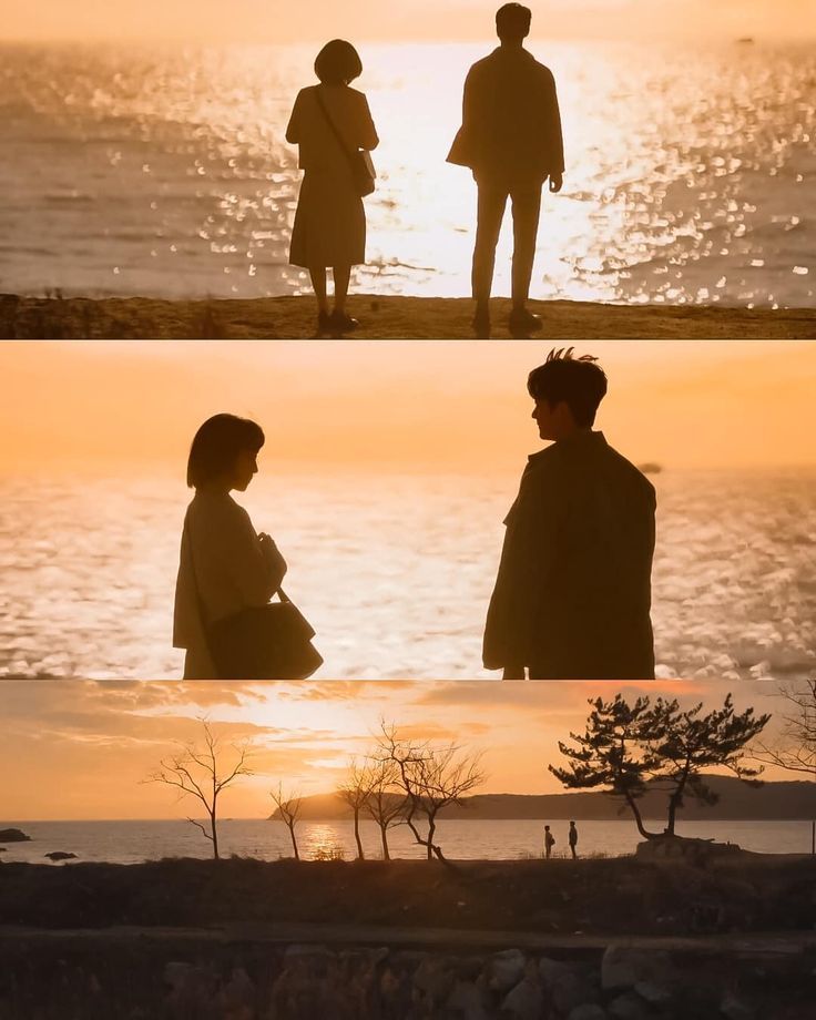 the image is a triptych, a threepart image, showing silhouettes of couples at sunset by the ocean. the top panel shows a couple standing somewhat apart, gazing out at the sea. the middle panel portrays a couple facing each other, possibly engaged in conversation. the bottom panel is a landscape shot of the beach at sunset with a smaller couple in the distance, providing context and a wider view of the setting.  the overall mood is romantic and melancholic, suggestive of a scene from a korean drama. the warm golden hues of the sunset are prominently featured throughout all three panels.