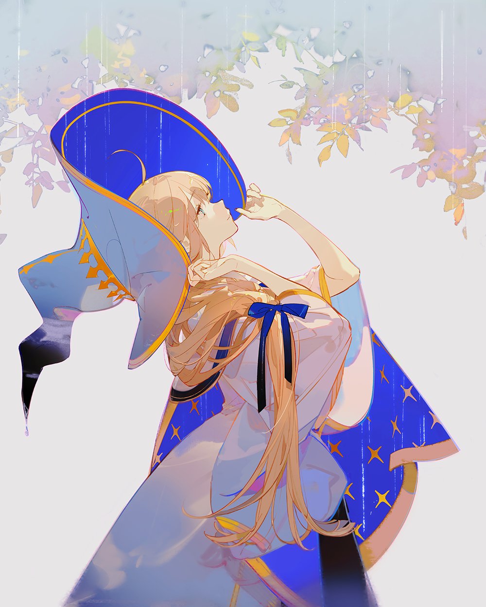 an animestyle illustration of a young woman, depicted as a witch, standing gracefully in the rain. she is dressed in a flowing blue and white robe with gold accents, and a large, floppy blue witch's hat adorned with a crescent moon and stars. her long, blonde hair cascades down her back, and she tilts her head back slightly, one hand delicately touching the brim of her hat as if feeling the raindrops. the background is a soft, ethereal white with hints of green foliage, creating a serene and magical atmosphere. the overall color palette is predominantly cool and calming, with soft blues, whites, and hints of green.