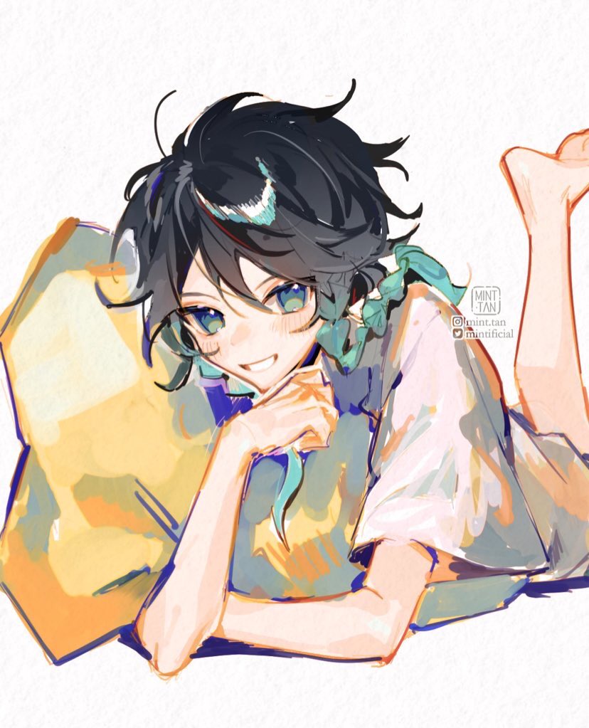 a digital art illustration of an anime girl with blue hair and green eyes. she is smiling and lying on a pillow, wearing a white shirt with a blue ribbon tied around her neck. she is looking at the viewer.