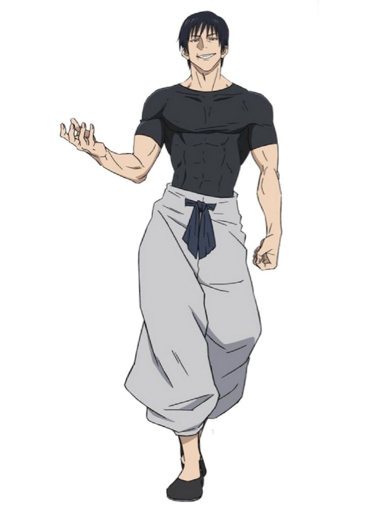 this is a digital illustration of a male anime character with black hair, black eyes, a smile, and a black shirt. he is wearing white pants with a black sash around the waist. his arms are muscular and he is standing with his feet together. he is wearing black shoes.