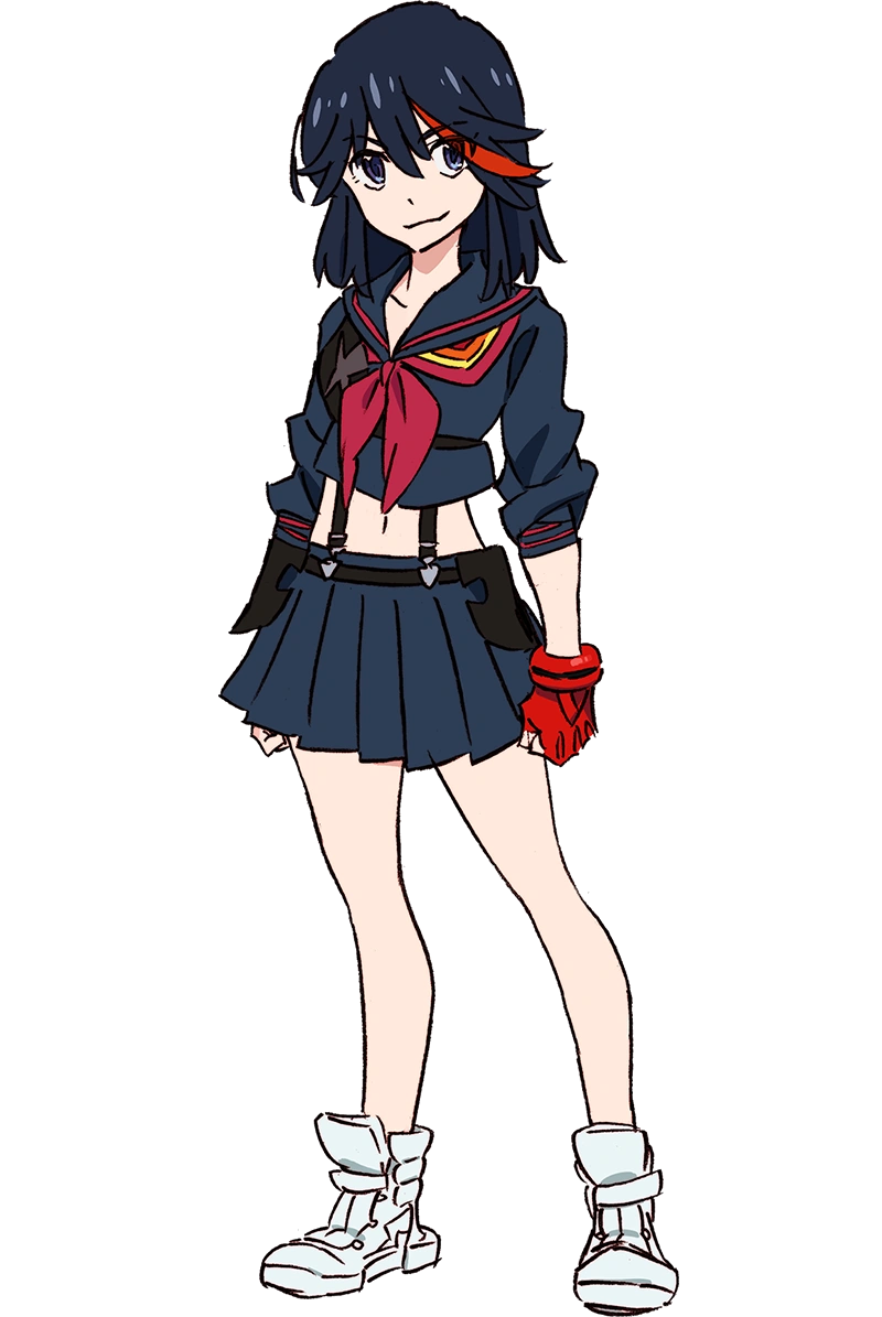 this is a fullbody illustration of ryuko matoi from the anime and manga series kill la kill.  she's depicted in her signature school uniform, which consists of a dark blue sailorstyle top with red accents, a pleated dark blue skirt, and white hightop boots.  she's wearing red fingerless gloves and has her characteristic black hair with a distinctive red streak. ryuko stands in a confident pose, her expression is calm and slightly smirking.  the background is transparent. the art style is consistent with the vibrant and expressive style of kill la kill.