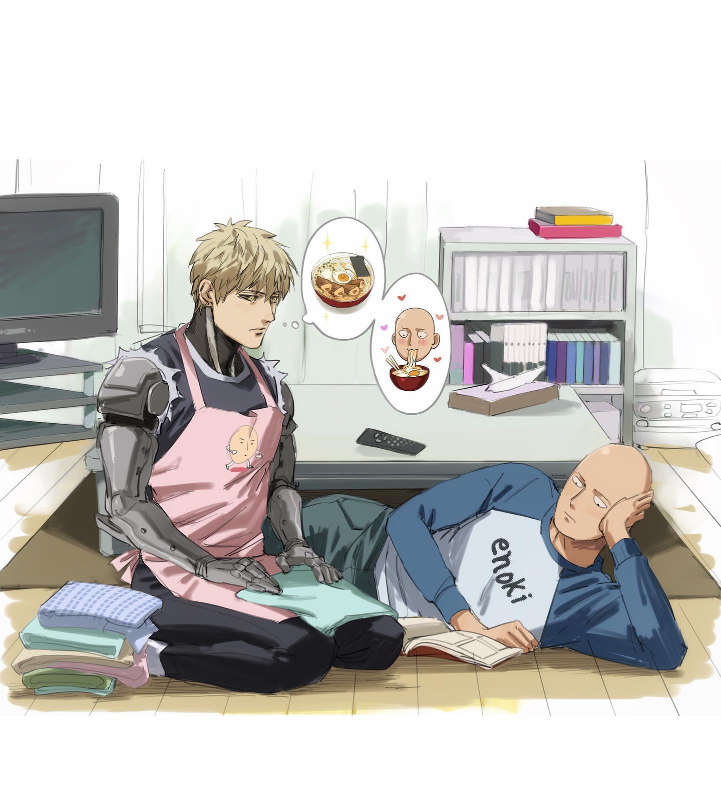 a digital illustration of saitama and genos from the manga and anime series one punch man. saitama is lying down on the floor while genos is sitting on the floor, both looking at a book. genos is wearing an apron and is thinking about ramen.