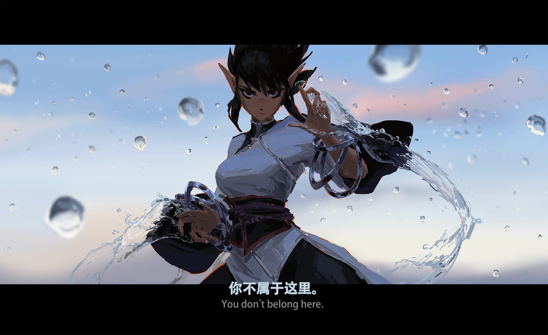 the digital painting depicts a female elflike character with dark hair and pointed ears, dressed in flowing light blue and dark clothing, manipulating water with her hands. water splashes and droplets surround her, creating a dynamic and visually captivating scene. the backdrop is a moody sky with soft colors suggesting dawn or dusk, with rain or water droplets falling.  the overall mood is serious and dramatic. the text overlay in both chinese and english reads "you don't belong here," which adds a layer of narrative context. the art style is a blend of anime and digital painting techniques, emphasizing smooth brushstrokes and atmospheric effects. the character's expression and pose suggest power and a sense of unease or defiance.
