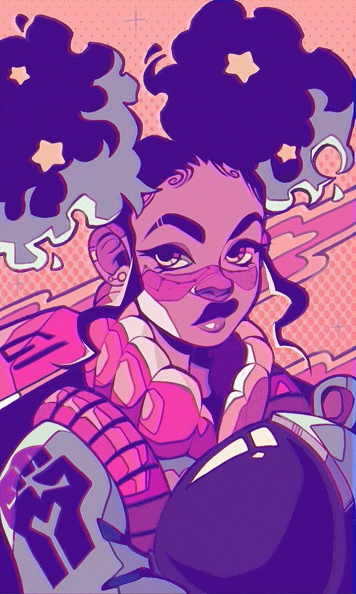 a digital illustration of a cartoon woman wearing a futuristic cyber suit. the woman has purple hair in afro puffs, and she's wearing a pink and blue outfit, goggles, and spacethemed accessories. her expression is bold and confident as she stares straight at the viewer, and the background is vibrant with pinks, purples, and blues.