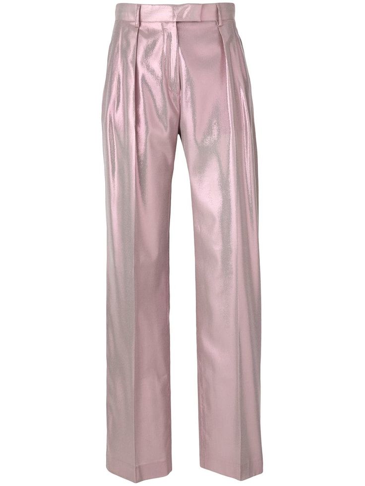 a pair of women's pink, highwaisted, metallic, wideleg trousers with pleats. they are a formal, dressy style.