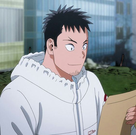 a digital illustration of the character, masaru bakugo, also known as "dynamight", from the anime and manga series "my hero academia". he's shown from the chest up looking slightly off to the right with a slight smirk on his face. he's wearing a white hooded jacket over a gray shirt, and he's holding a brown envelope in his left hand. he has short, dark hair styled up and a small, neatly trimmed beard. the background is out of focus but depicts a city setting with buildings and trees visible.