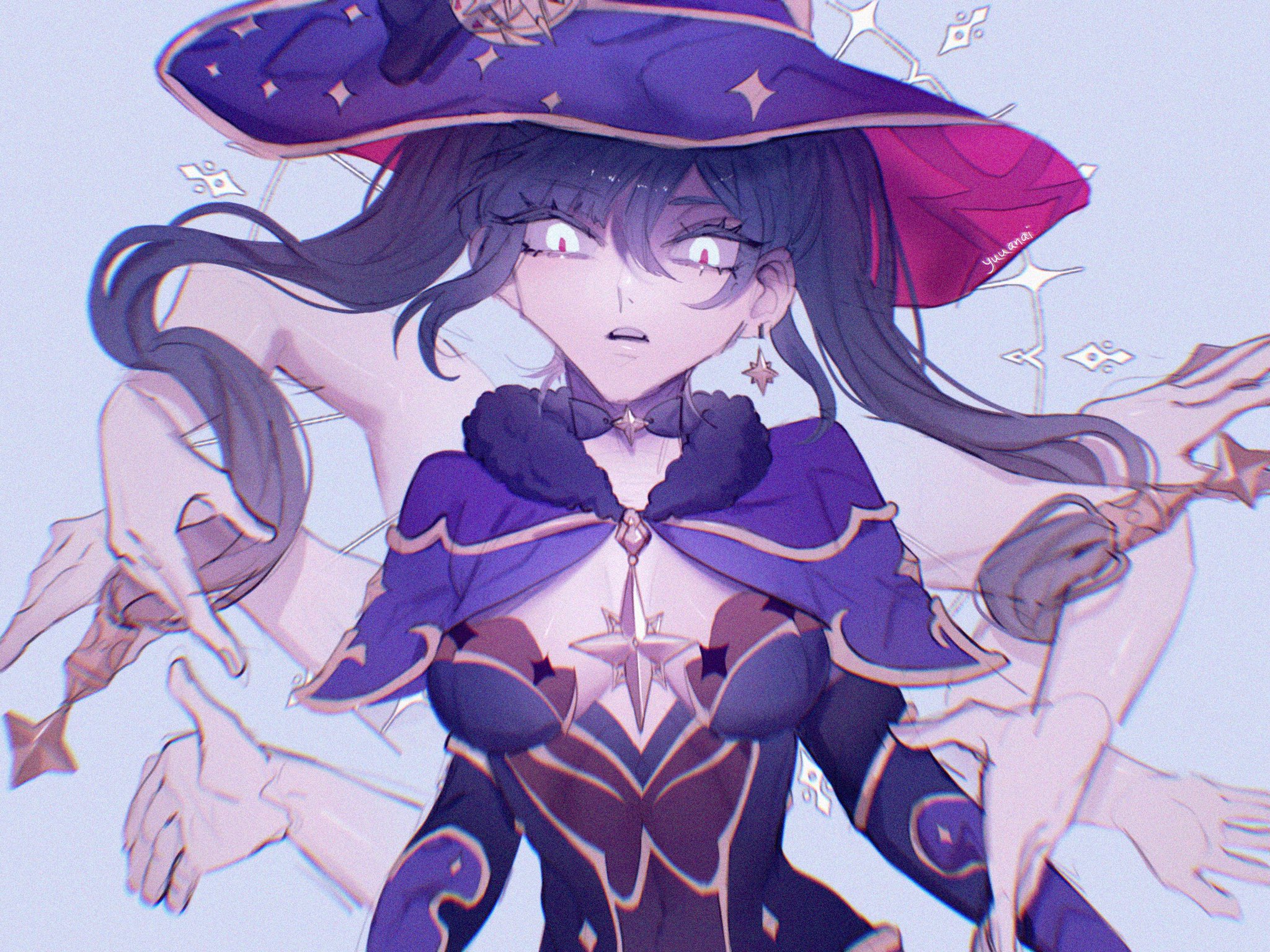 this is a digital illustration of a young woman wearing a purple witch's hat and a blue and purple dress. she has long dark hair, and her eyes are wide with fear. her expression is distressed and scared, and she has multiple arms outstretched in front of her. there are sparkling stars around her, and the background is a light blue color. the overall image is of a magical and ethereal being, and the woman's expression suggests that she is in danger or about to cast a powerful spell.