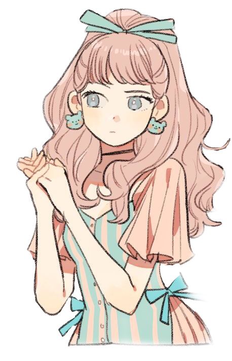 an anime girl with pink hair, blue bow and a pink and blue striped dress. she is looking down with her hands together and has a sad expression. the drawing is done in a cartoon style and has a kawaii aesthetic.
